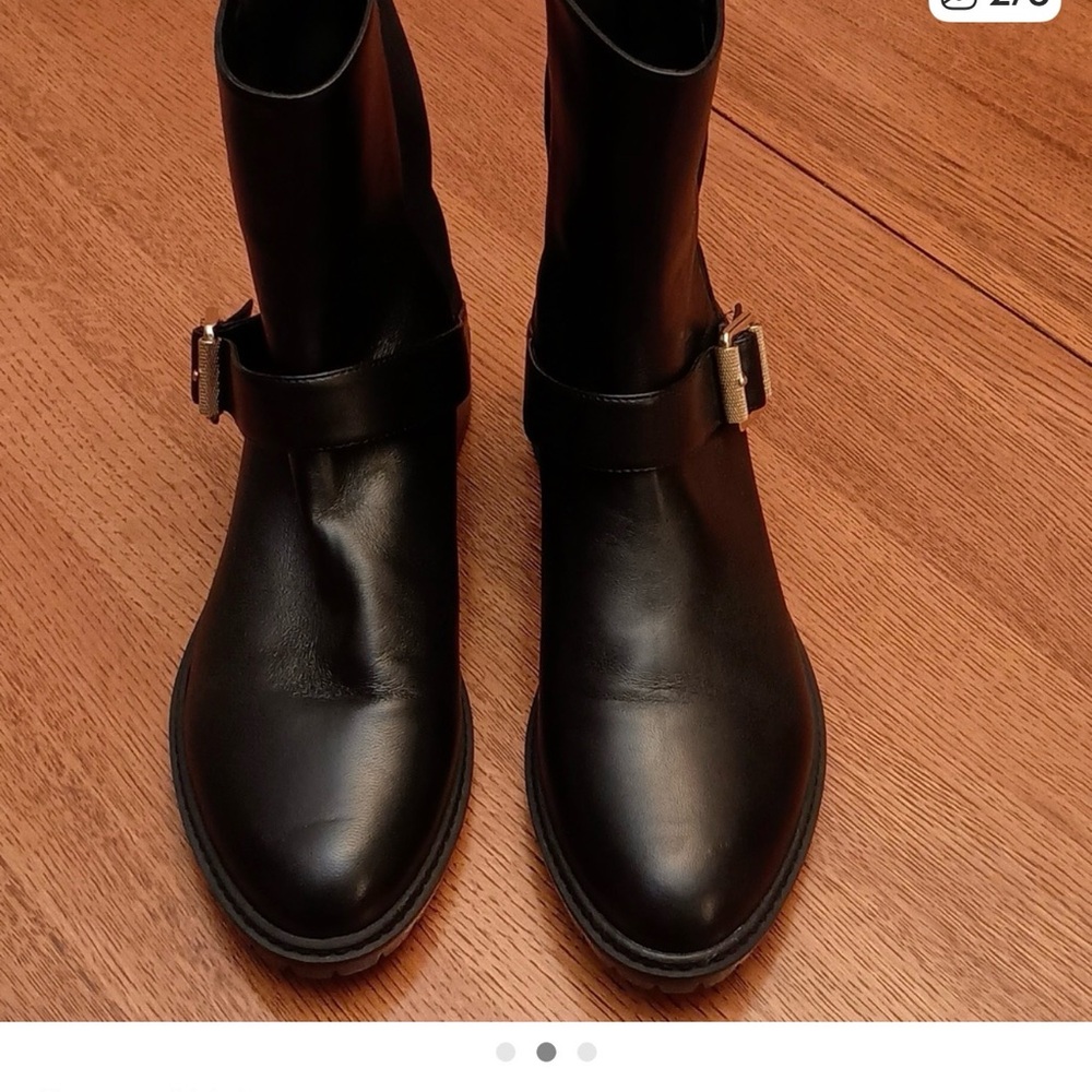 NEW Stuart Weitzman Black Ankle Boots Gold Buckle Chunky Heels